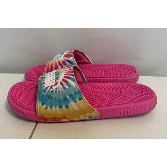 PUMA girls size 2 pink slide tie dye swirl color yellow blue slipper flip flop - Picture 2 of 9
